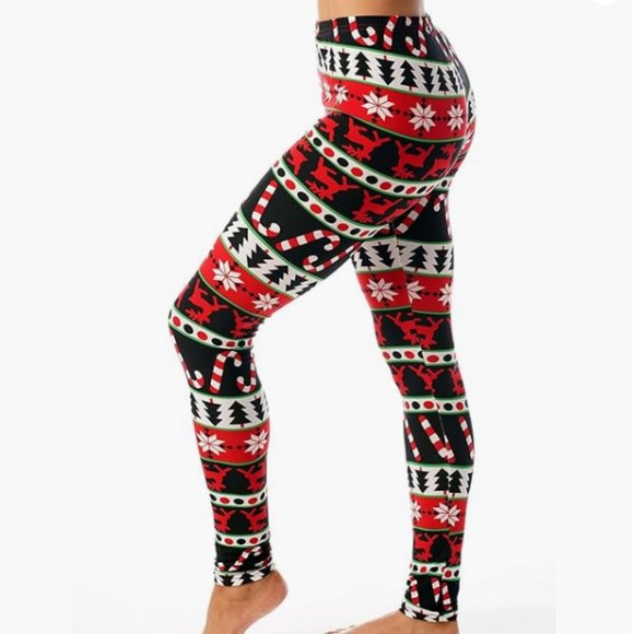 Christmas Holiday Leggings - Black Red Green‎ - XL - Picture 1 of 8